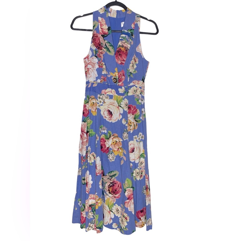Eliza J Linen Blend Floral Blue Sleeveless Dress